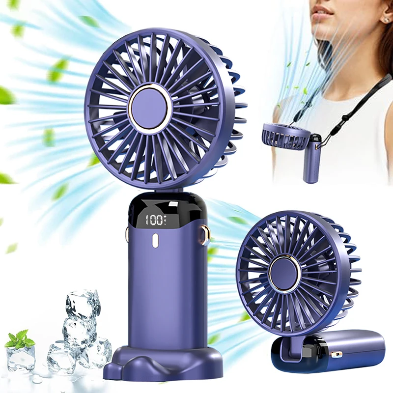 Handheld Mini Fan Foldable Portable Neck Hanging Fans 5 Speed USB Rechargeable Fan with Desk Phone Stand and LED Display Screen