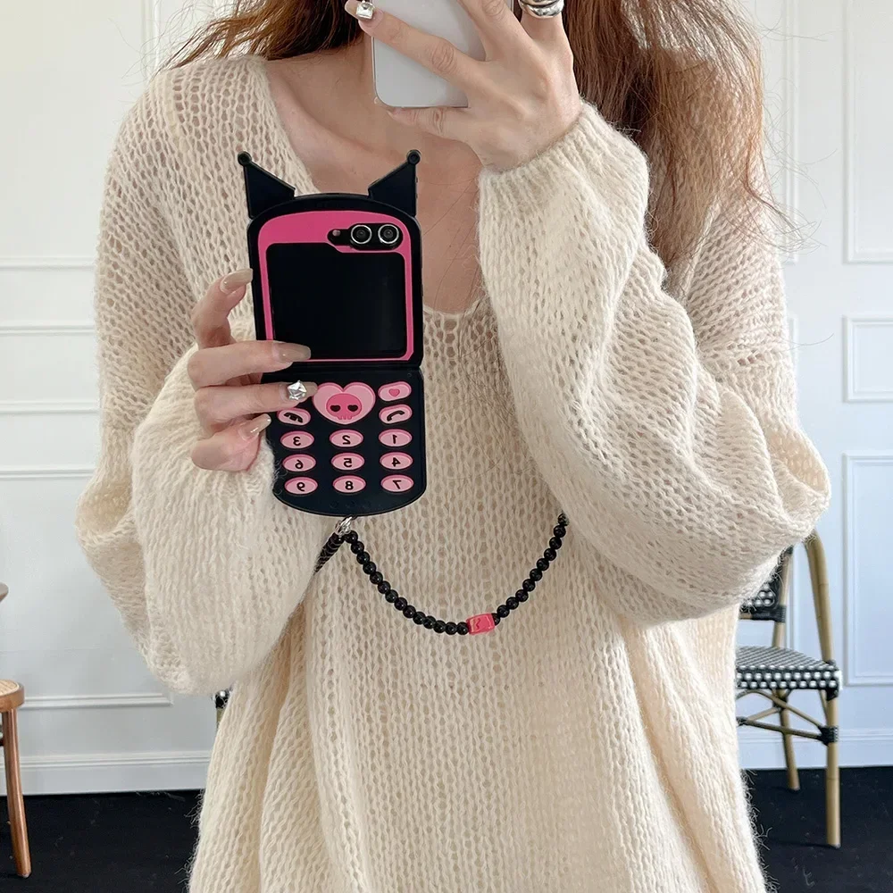 Kawaii Kuromis with Lanyard Telephone Phone Case for Samsung Galaxy Z Flip 3 4 5 5G PC Hard Anti-drop Back Cover Funda