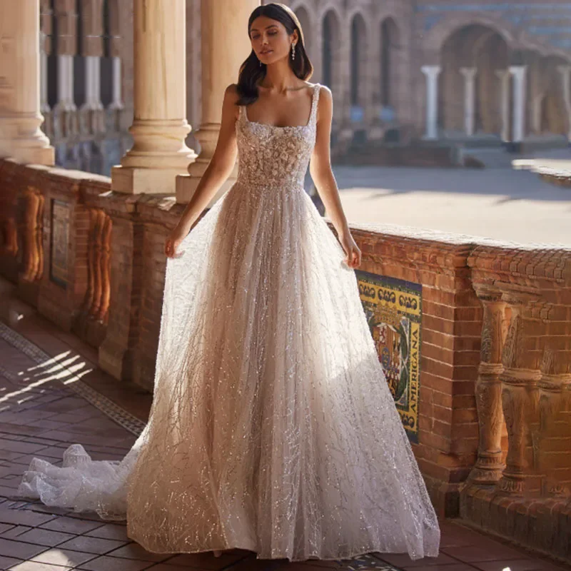 فساتين Flavinke مخصصة ستة دانتيل مطرز على شكل حرف a مع رقبة مربعة فستان زفاف فساتين زفاف vestido de noiva رداء de mariée