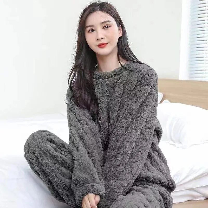 Autumn Women Solid Warm 2 Piece Sets Thicken Velvet Ribbed Fleece Set Pullover And Pants Women Casual Pajama Sets 2024