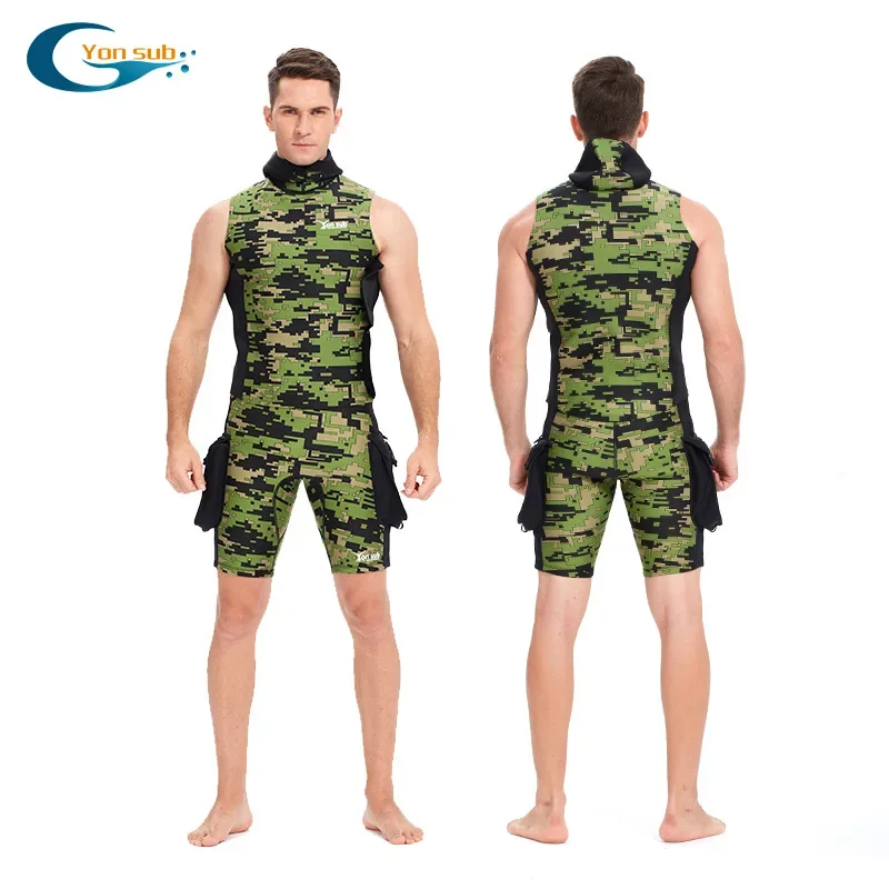 Camouflage hooded titanium-coated high-elastic warm diving suit adult 2mm men and women diving sleeveless vest