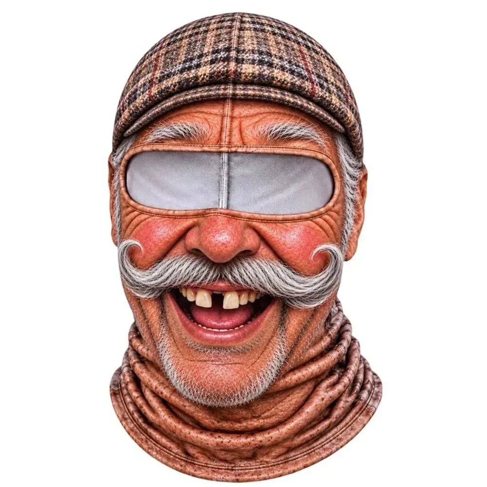 3D-geprinte balaclava met gezichtsmotief, volledige bedekking, ademend, met ooggaten, witte snor, elastische skimasker, capuchon
