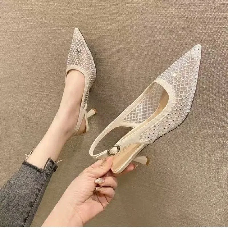 2026 Spring and Autumn Mesh New Pointed Toe Splicing Spring Temperament Rear Empty Fine Shallow Mouth Fashion Sandals