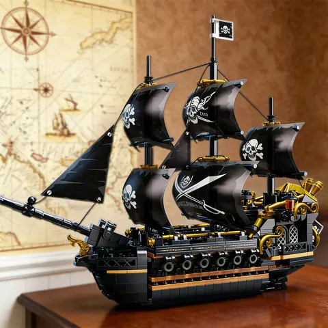 Black Sail Pirate Ship Building Blocks Set 3-Masted Vessel Sailboat Model Bricks with Double Decks Desktop Decoration Toys Gifts