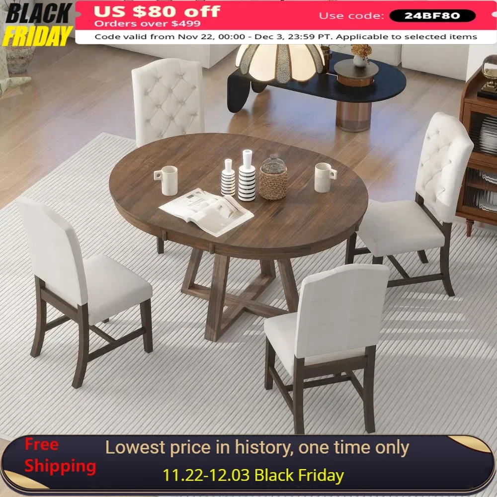 

Wood Dining Furniture Set, 5 Piece Round Extendable Dinings Room Table Set with Upholstered Chairs, Dining Table and Chairs