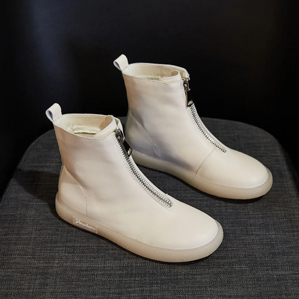 Short Boots Women\'s New Autumn Winter Cow Tendon Soft Soled Women\'s Boots Casual High Top Women\'s Shoes Front Zipper Boots
