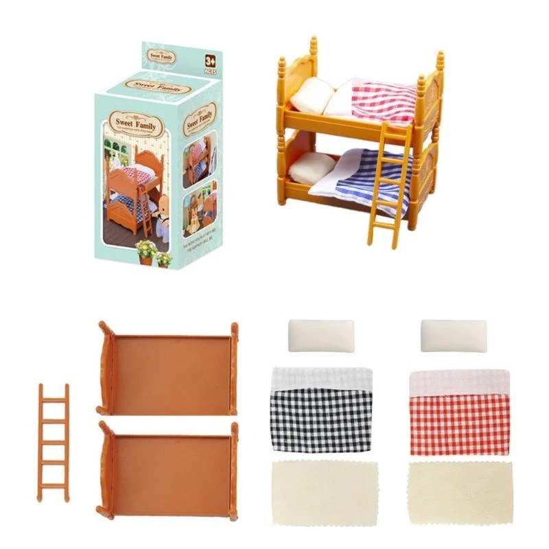 J2HD Mini Bed Dollhouses Miniature Furniture Decors Bunk Bed with Ladder Children Bedroom Set Double Beds Toy Gift