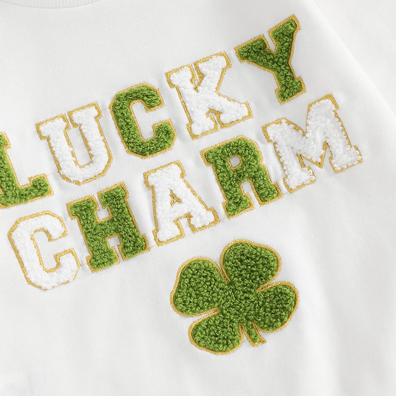 Toddler Girls Irish Day Outfits Letter Embroidery Long Sleeve Sweatshirt and Clover Print Flare Pants Set