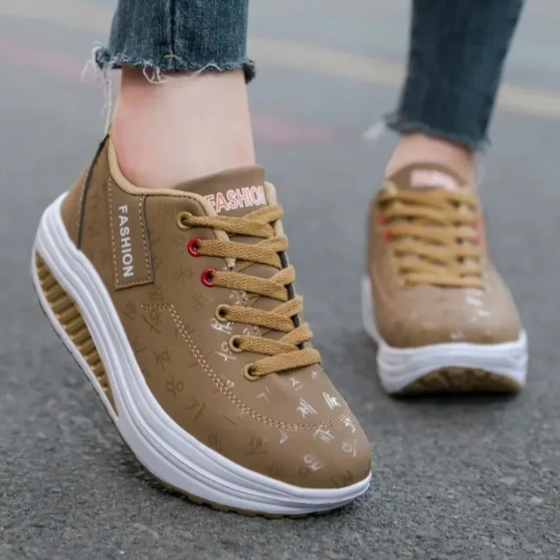 

Women Casual Sports Shoes Breathable Comfortable Wedge Heel Thick Sole Sneakers Lace-up Shoes