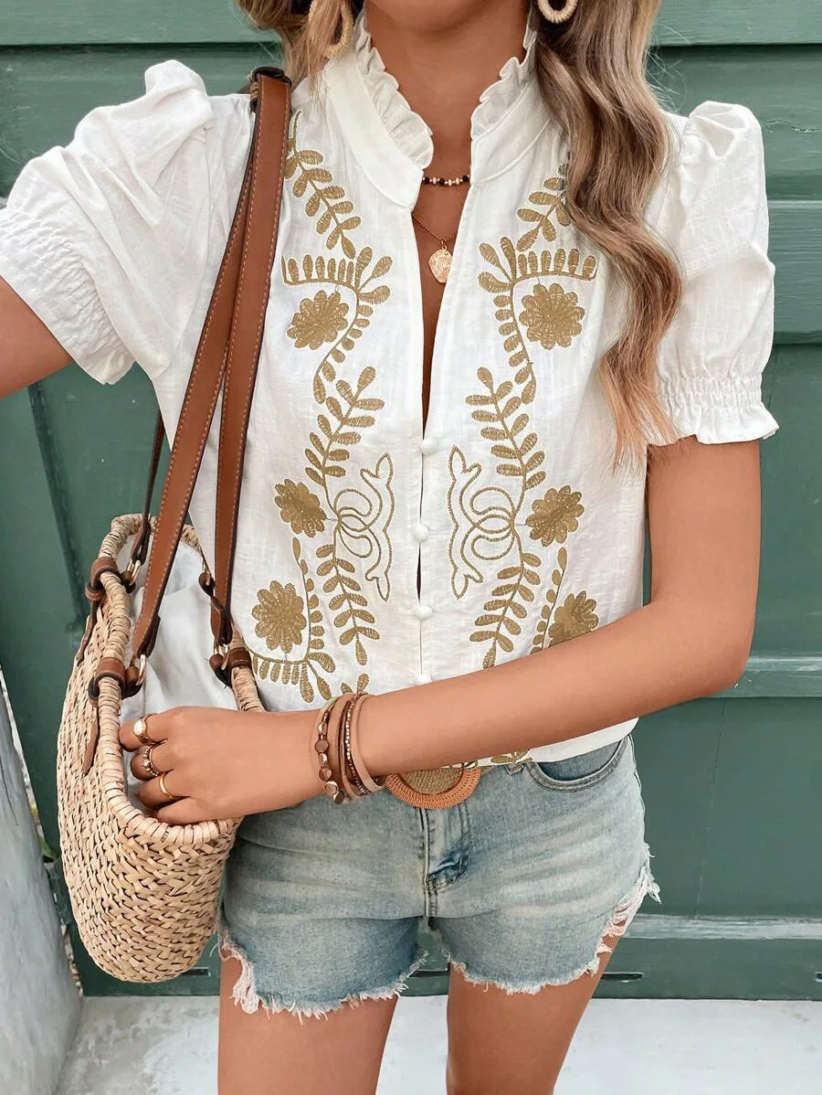 Summer Women Cotton Blouses Shirts Lady Office Casual Solid Color Short Sleeve V Neck Flower Embroidery Tops Blusas Clothing