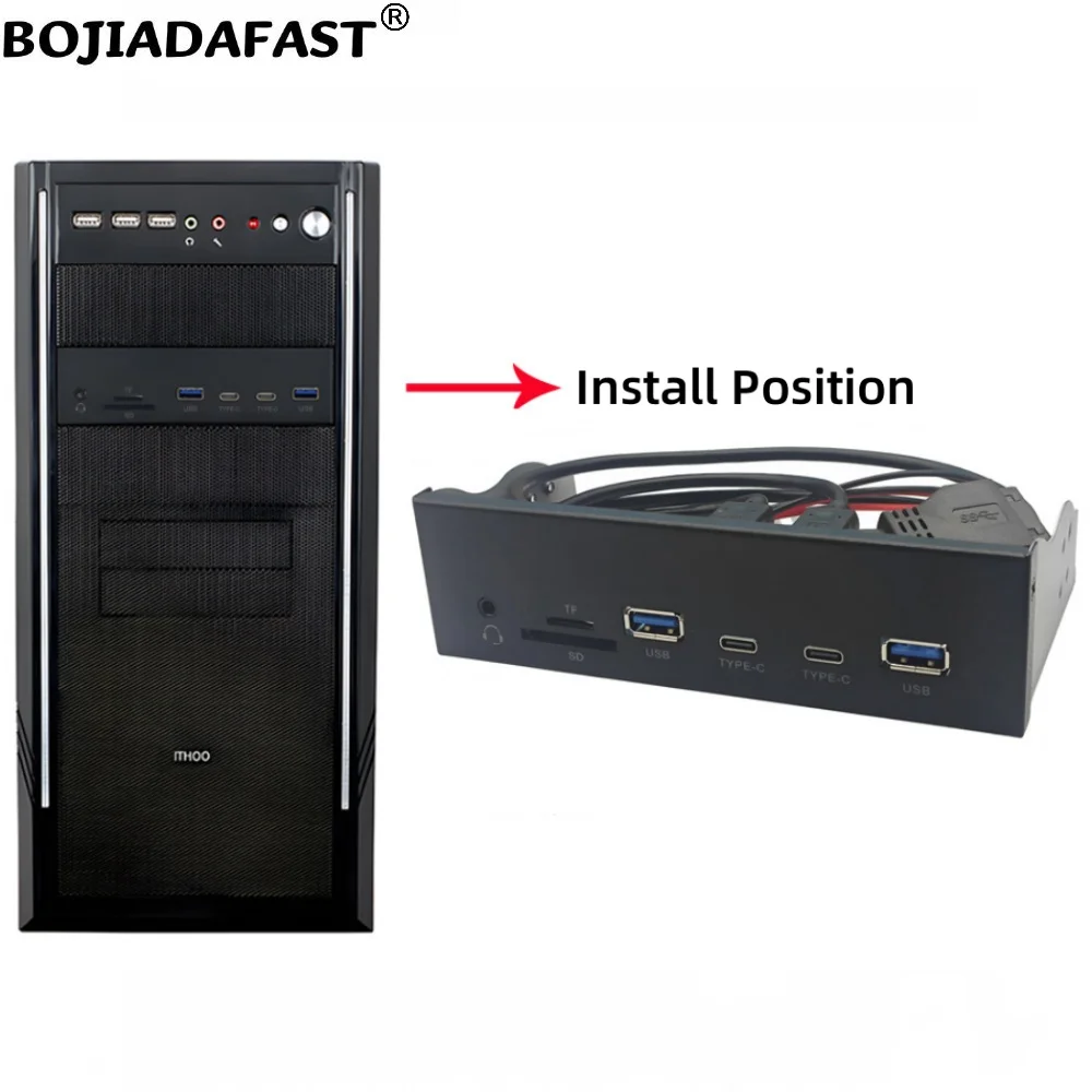 5.25" Desktop Front Panel 2 * USB 3.2 Type-A + 2 x Type-C Connector 5Gbps HD & Audio Port TF SD Card Holder For Computer Case