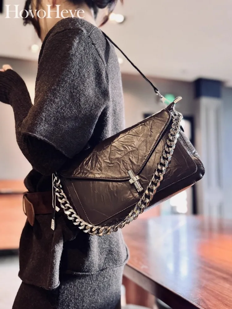 

British Style Women Genuine Leather Single Shoulder Bag Fashion Handbag Cowskin Chain Bag Lady Casual Flap Pocket Crossbody Bags