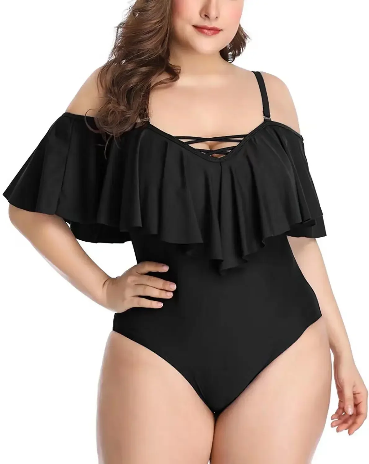 Plus Size Swimwear Ruffled One Piece Swimsuit Women Shoulder Off Bathing Suit Large Size Monokini Bandage Swimsuit 2022 dropship