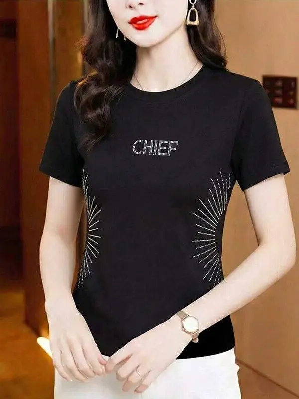 

Summer 2026 Versatile Slim Fit Short Sleeve T-Shirt Rhinestone Embellished round Neck Casual Sportswear Square Dance Top for ...