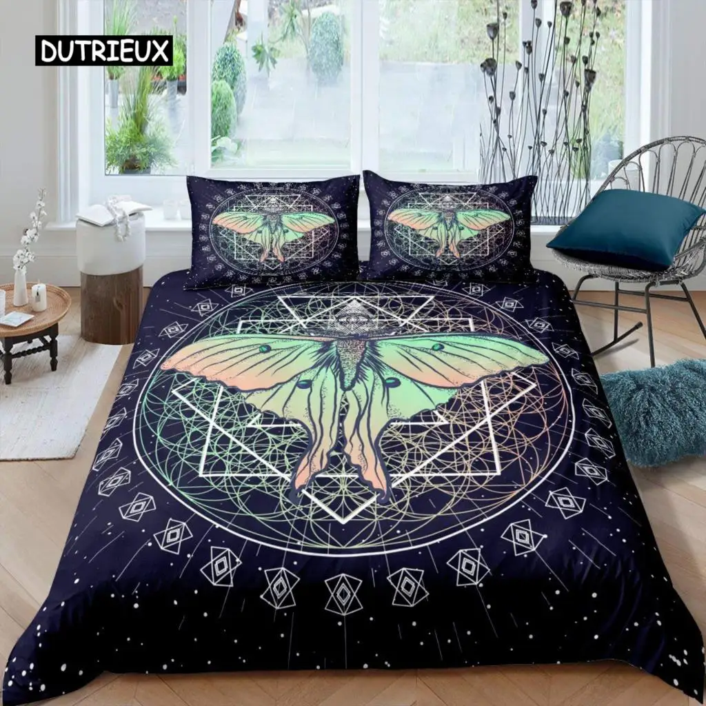 Moth Duvet Cover Set Butterfly Bedding Set Queen Size Geometric Comforter Cover Halloween Quilt Cover for Kids Boys Girls Teens