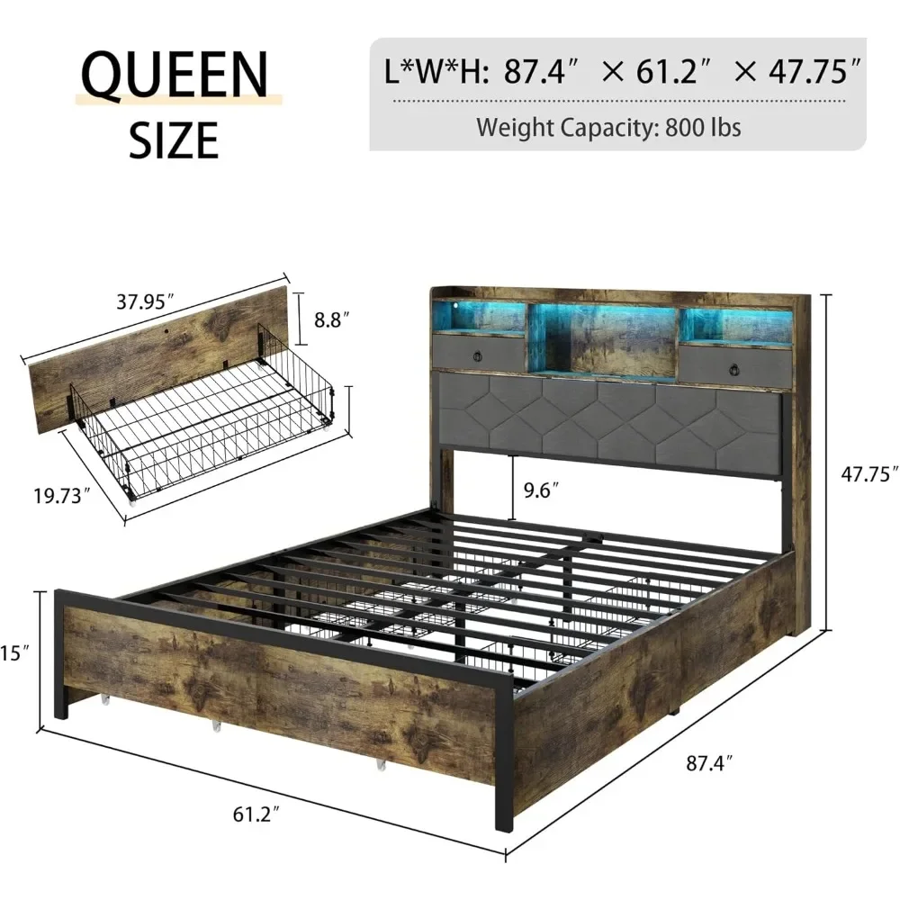 Bed Frame Queen Size with Drawers and Charging Station, Platform Bed with Storage Headboard and Led Light, Metal Frame Support