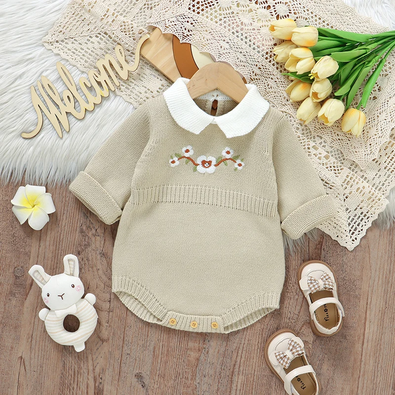 Baby Girls Bodysuits Floral Embroidery Newborn Turtle Neck Long Sleeve Onesie Coveralls 0-18m One Piece Infant Outwear Jumpsuits