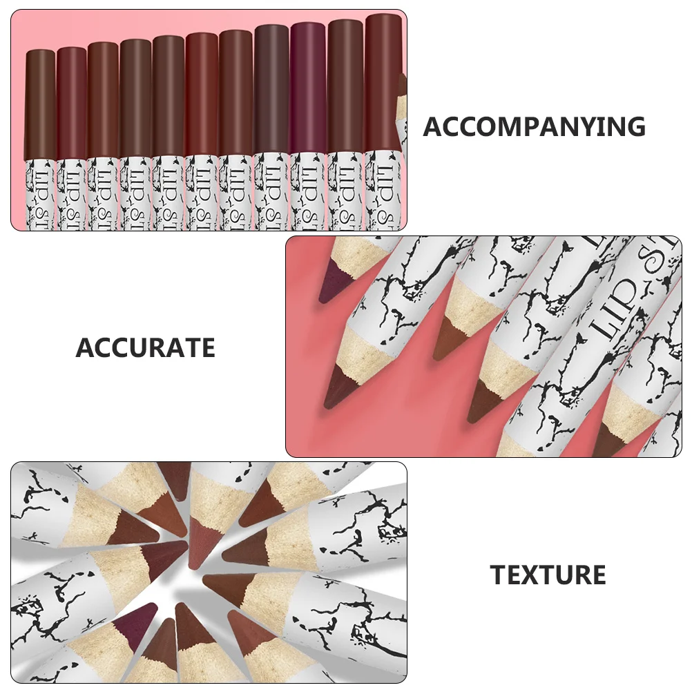 Zestaw 12 kredek do ust, 12 kolorów, trwałe, łatwe do ostrzenia, do precyzyjnego makijażu ust.