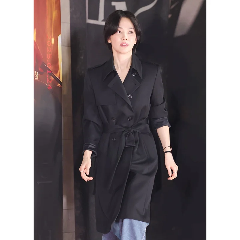 

Slimming Effect Commute Windbreaker Coat Korean Sle Button ket Long Sve Mid-Length Pure Color Faion Outerwear