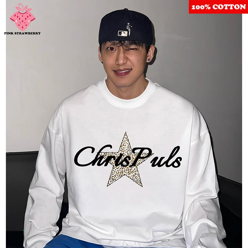 

100% Cotton Oversized T-Shirt Men's 2025 Autumn New Star Letter Print Sports Gym White Long Sleeve T-Shirt Y2k Top Men Clothing