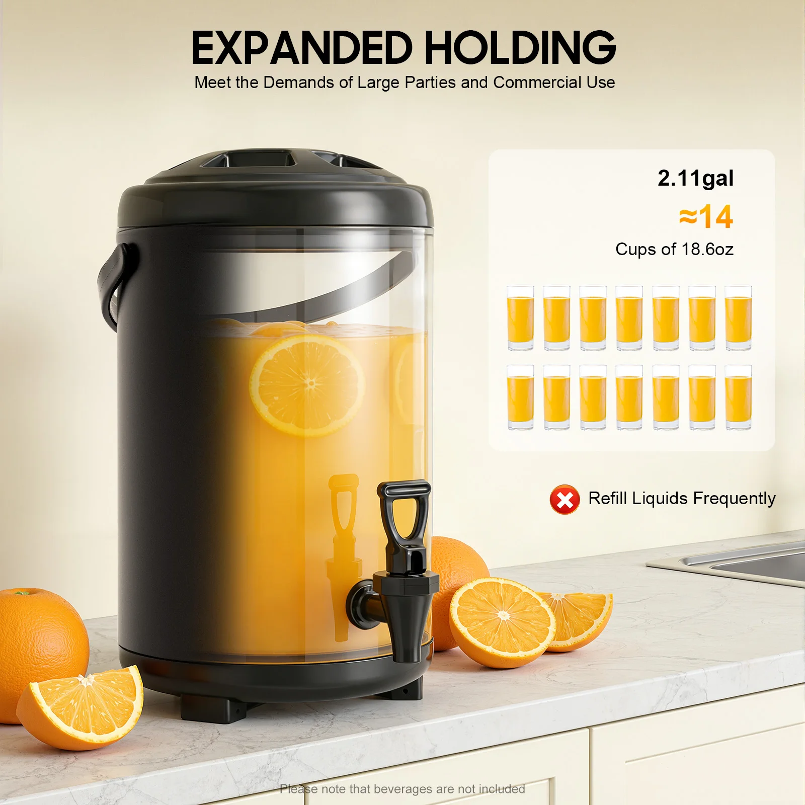 10L Thermal Barrel No Temperature Gauge, Stainless Steel Insulated Beverage Dispenser with Spout, Round Cold and Hot Drink Bucket for Parties