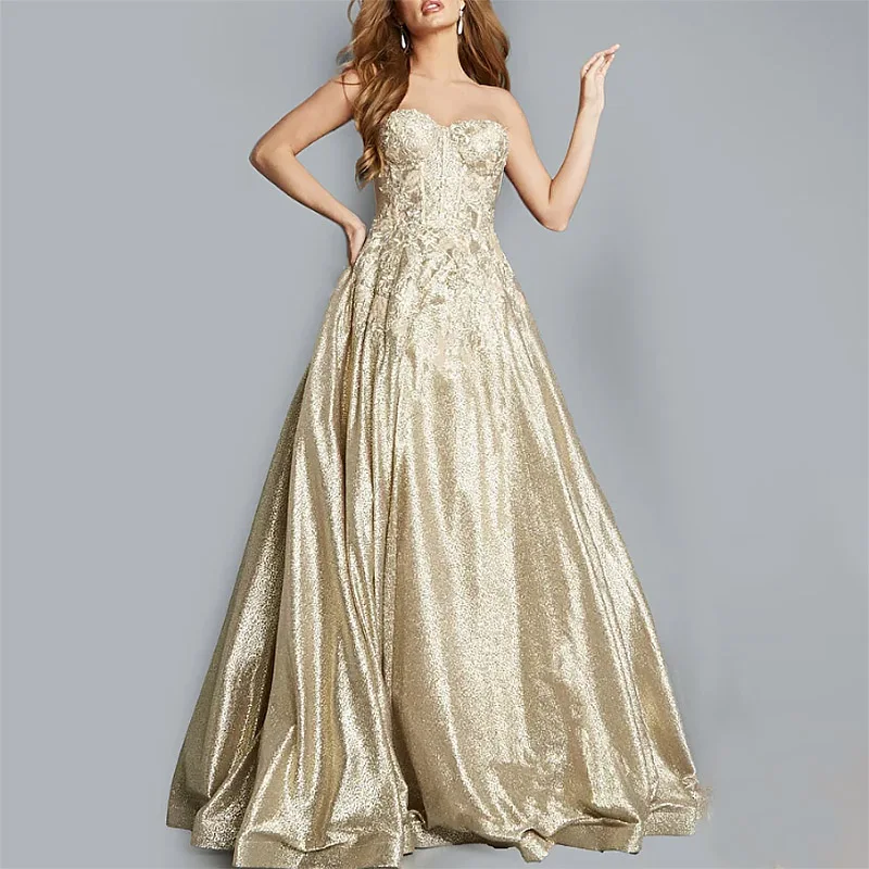 Champagne Flowers Prom Dresses for Woman Long Sweetheart Floor-Length A-Line Evening Party Formal Occasion Wedding Gala 2023 New