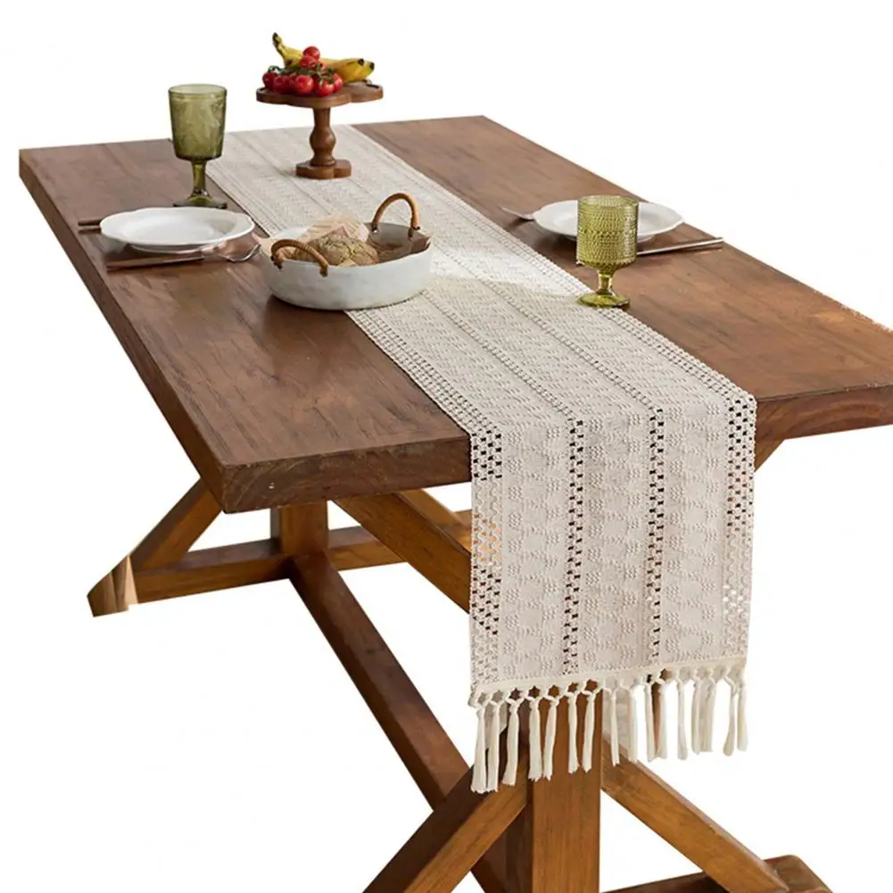 Textured Woven Fabric Runner Boho Table Runner with Tassel Edges Farmhouse Woven Home Decor Accent Rustic Dining Table for Cozy