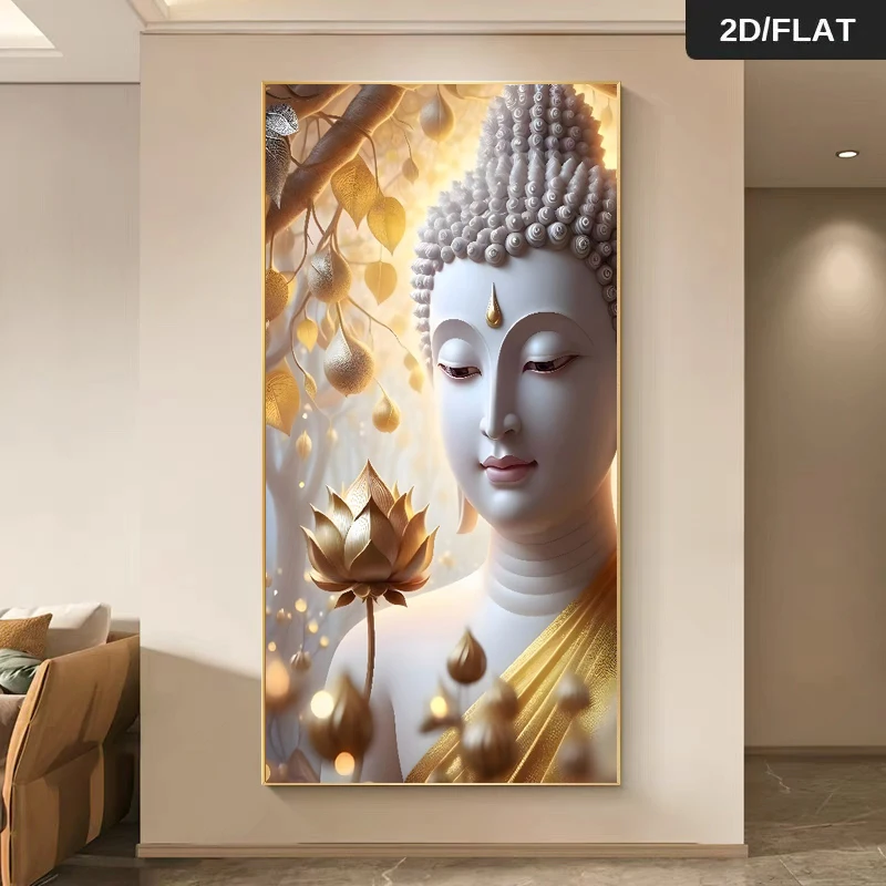 2D Flat,No Framed Modern Wall Art with Golden Lotus Buddha Design - Vertical Canvas Print for Living Room, Bedroom, Office - Ind