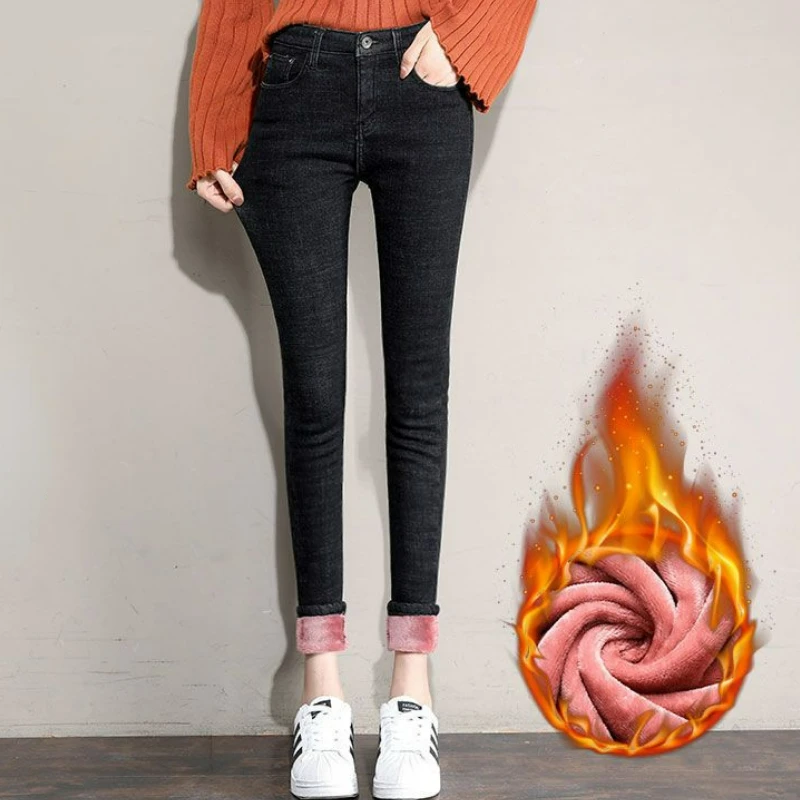 

Winter Women High Waist Plush Warm Lamb Fleece Jeans Denim Skinny Stretch Pants Lady Plus Size Thermal Denim thick pencil pants