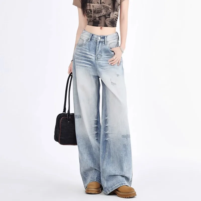 

Y2K Low Waisted Ripped Wide Leg Jeans Women American High Street Summer Washed Light Color Drape Loose Floor Pants
