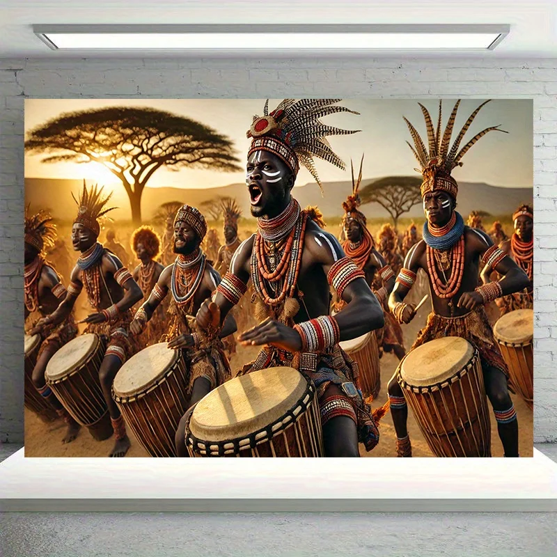 African Tribal Warriors Drumming Dance Sunset Acacia Tree Tapestry 2D Flat Printing Wall Hanging Backdrop for Living Room Decor