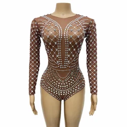 Shining Rhinestones Mesh Leotard Sexy Transparent Bodysuit DJ Dancer Pole Dancing Costume Bar Nightclub Performance Stage Tight