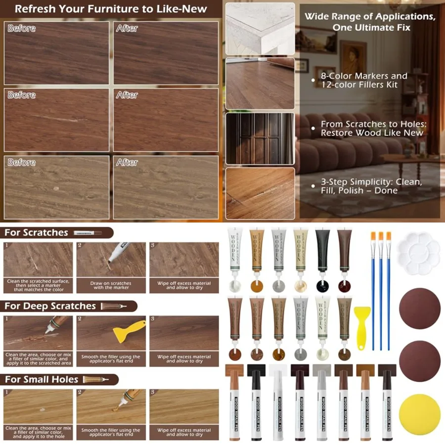 

Набор для ремонта деревянной мебели с 12-цветным наполнителем и 8-цветными маркерами для бесшовного прикрашивания царапин, трещин, отверстий и пятен o