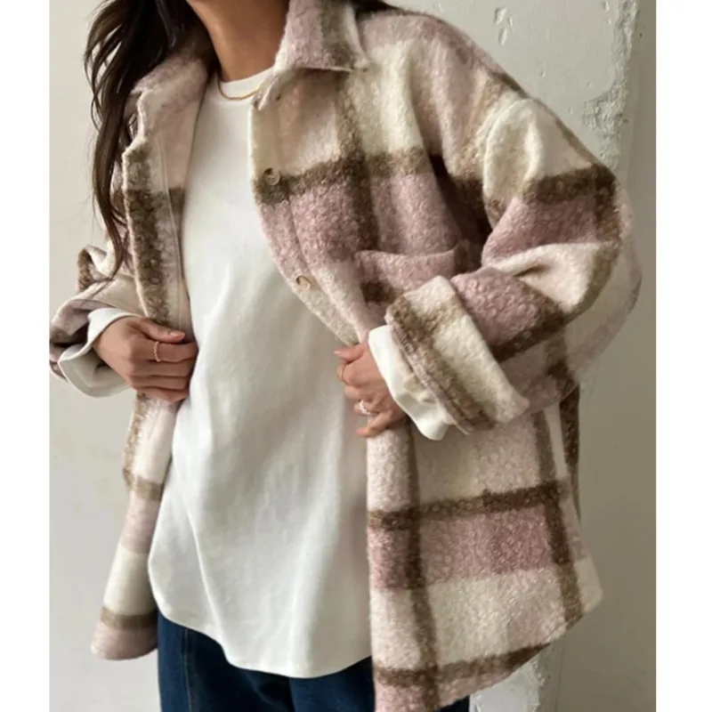 [EWQ] Korean Style Chic Thicken Plaid Blouse Long Sleeve Single Breasted All-match Loose Women Shirts 2025 Spring New 16O3647