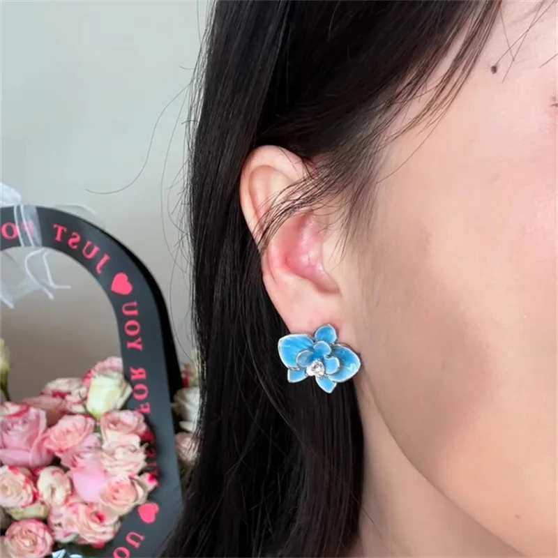 

1pcVintage Blue and White Porcelain Orchid Earrings for Women Light Luxury Niche High-quality Fashion OL Jewelry Accessories