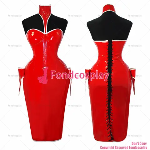 Fondcosplay 성인 섹시 크로스 드레싱 시시 메이드 레드 헤비 PVC 코르셋 원피스, 고딕 실크 유니폼, 맞춤형 CD/TV, G1067