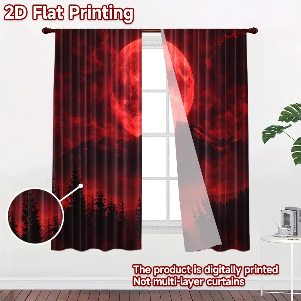 2D flat printing 2pcs Curtain Curtain Hunter's Moon Over Mountains Digital Printed Polyester Drapes Family Party for Holiday