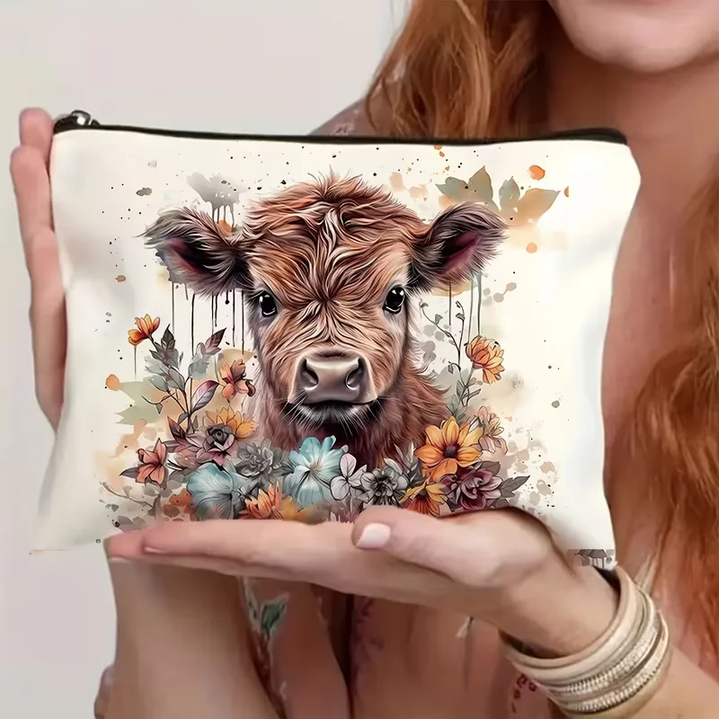 1Pc Western-Style Highland Cow Floral Retro Design Makeup Bag, Snack Storage Bag, Stationery Storage Bag, Fashionable Toiletry Bag, Canvas Double-Sided Printed Travel Bag