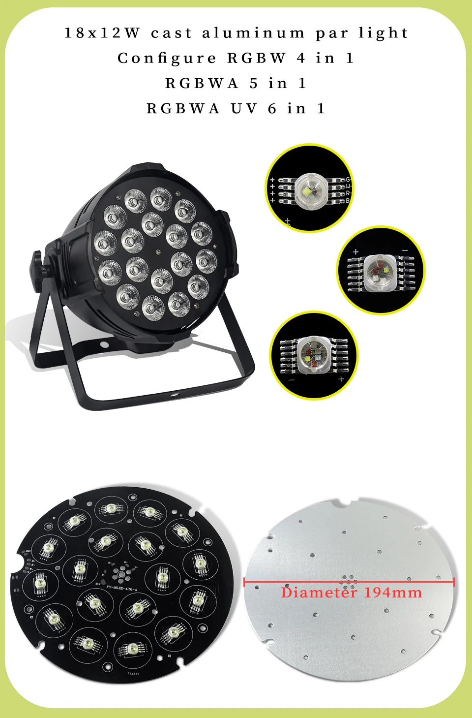 Bühnenlicht-Reparaturteile, 18 x 18 W, RGBWA UV 6in1/18X12W RGBW 4in1/18X12W RGBWA 5in1 wasserdichte oder Aluminium-Bühnenlicht-LED-Platine – Detail 6