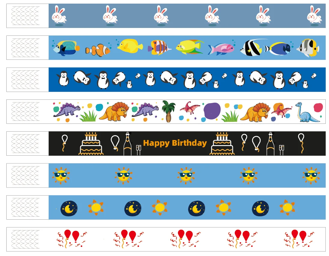 

100pcs Dinosaurs & Rabbits & Balloons& Happy Birthday & Sea Fish & Sun Moon & Penguin Tyvek Wristband