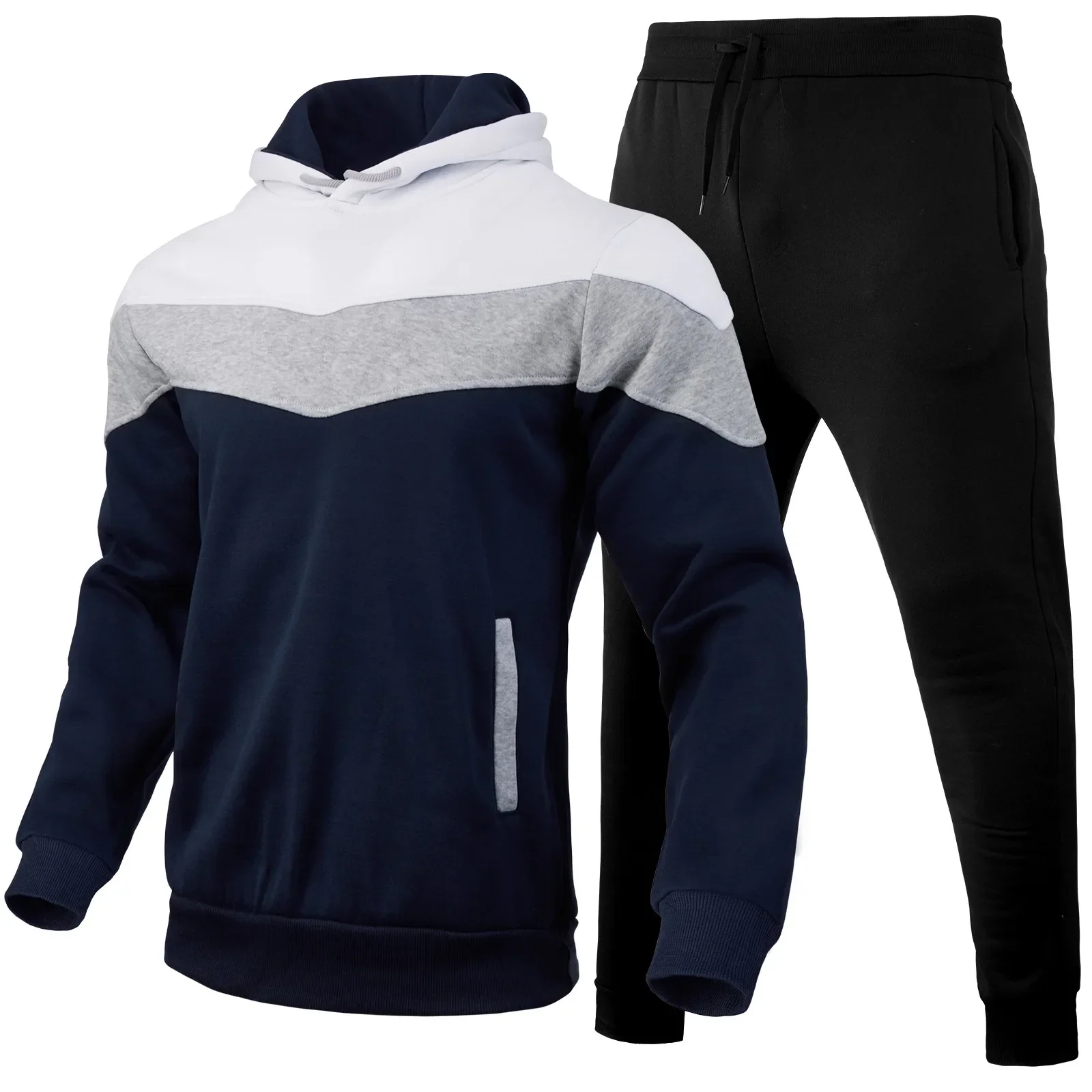 New Autumn Patchwork Men's Sets Sports Hoodies + Pants 2PCS Sets Male Block Color Casual Loose Hooded SweatShirts Sportswear Set