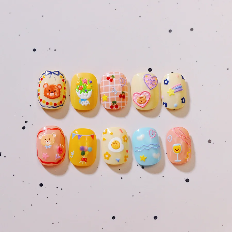 Lovely Birthday Little Bear Flowers Cartoon 5D Embossed Reliefs Self Adhesive Nail Art Stickers Cute Manicure Decals Wholesale