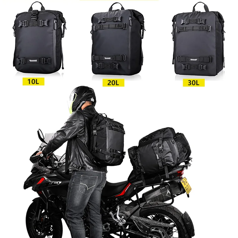 10L/20L/30L Motorcycle Rear Seat Bag Waterproof Saddle Pannier Side Bag Motocross Riding Travel Luggage Backpack Black