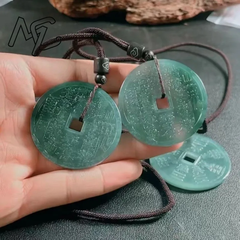Natural Burmese Emerald Jade Blue Water Mountain Ghost Coin Pendant Jadeite Amulets Designer Fashion Charm Jewelry Gifts Women 3