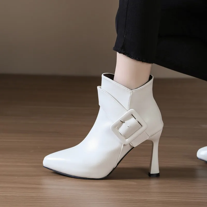 2026 New Simple Elegant Pointed Toe High Heel Women's Ankle Boots Fashion Buckle Strap Side Zipper Stiletto Women Short Boots