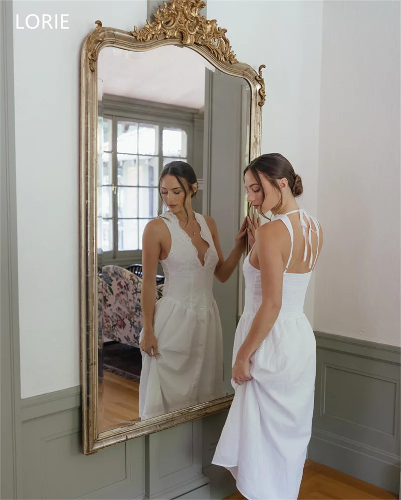 LORIE Appliques V-Neck Wedding Dresses A-Line Sleeveless Spaghetti Strap Bride Prom Gown Mid-Calf Bridal Gowns 2025 Customized