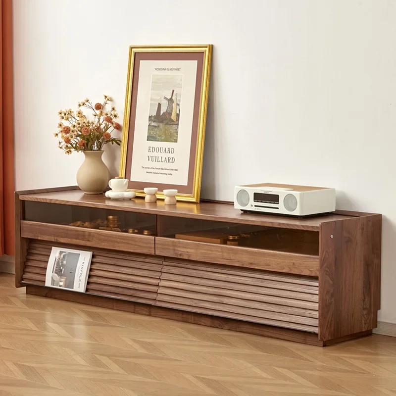 North American black walnut TV cabinet with lighting Nordic log living room floor-to-ceiling