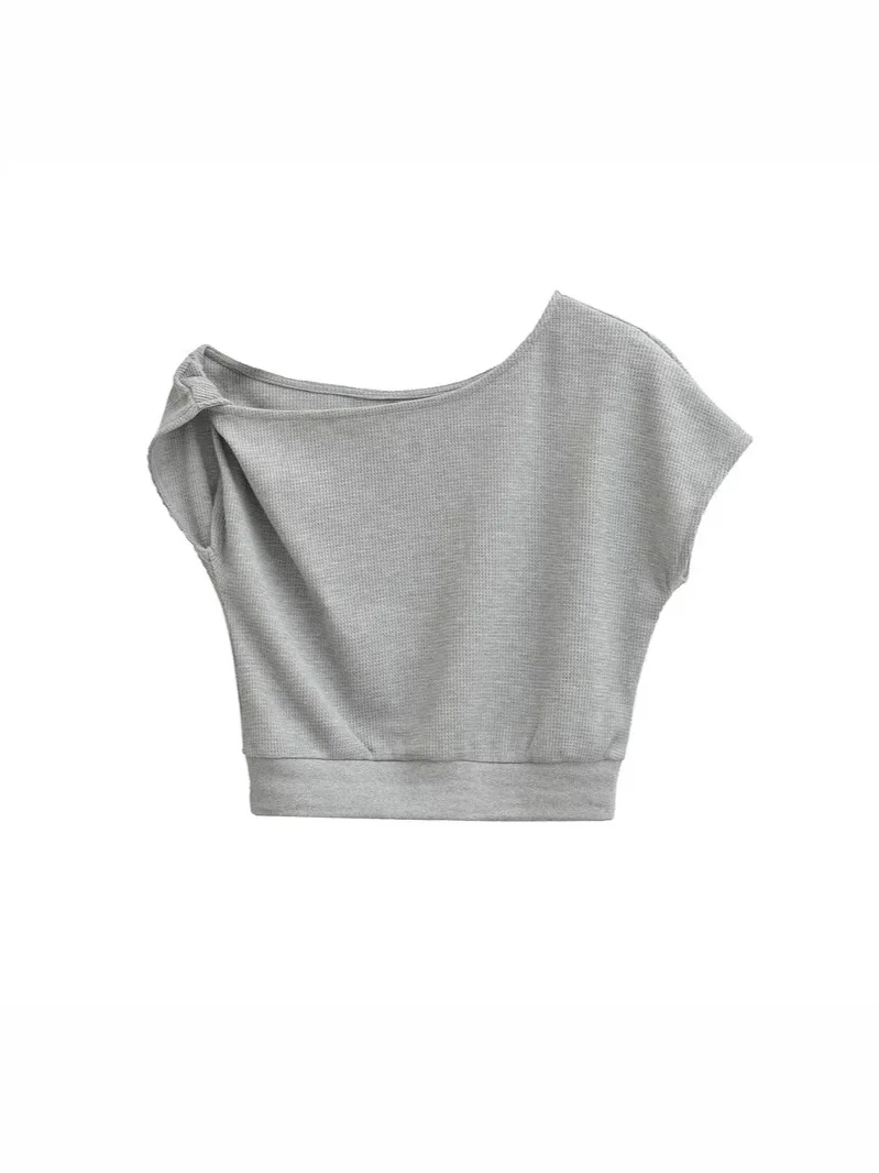 Women's Grey Off-Shoulder Crop Top Sweet Loose Fit Casual T-Shirt Sloping Shoulder Sexy Personalized Summer Top