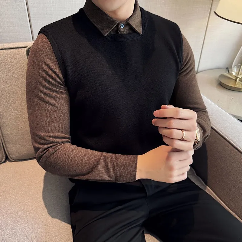 

Мужской утепленный свитер с имитацией двухслойности и воротником-рубашкой, зимний, теплый, из фланелевого материала, с полосатым узором, модный, в городском стиле