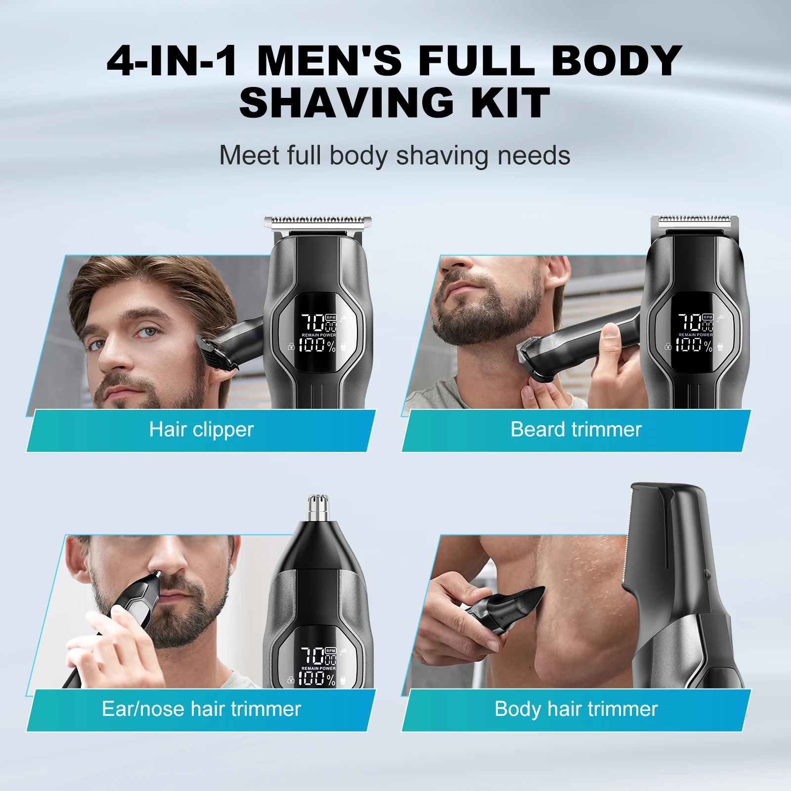 Kensen S30 4 in 1 Cordless Hair Clipper LED Display Men Beard/Nose Trimmer Rechargeable Barber Grooming Kit Hair Cutting Machine